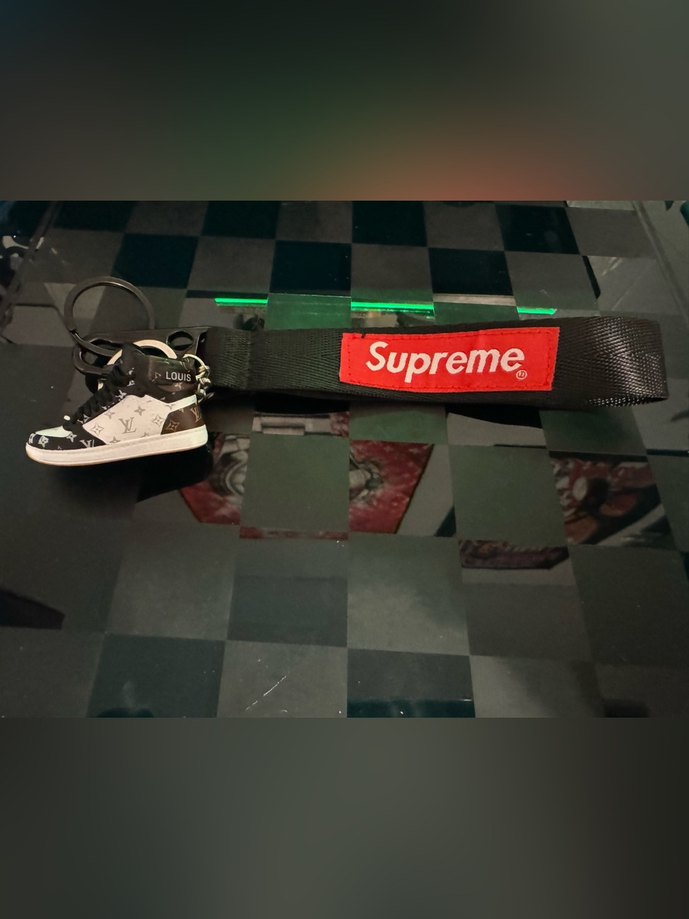 Supreme Black Strap Key Fob with Red Logo and LV Nike Sneaker Charm